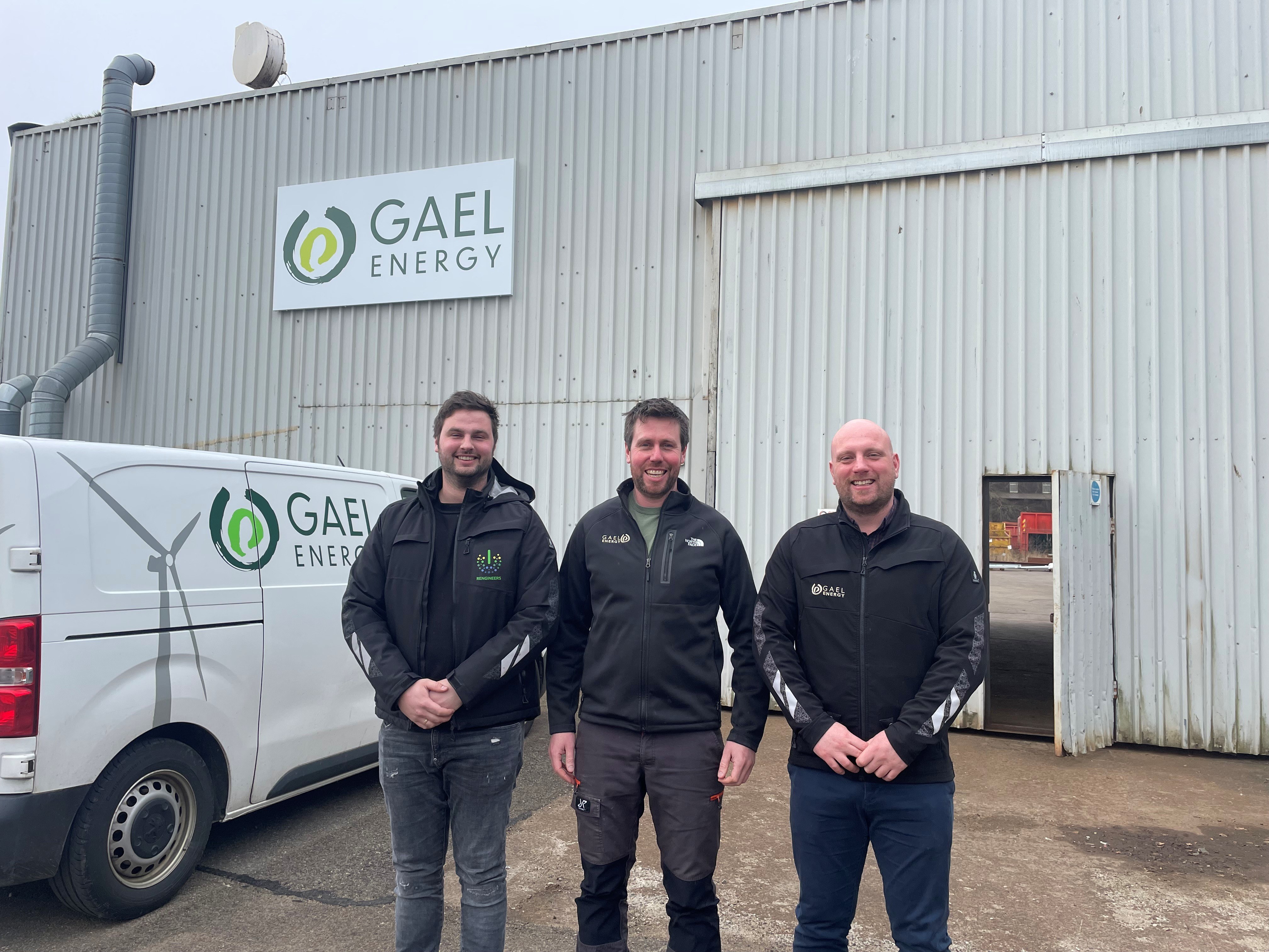 L R Rengineers International Sales Manager Gerhard de Pater Gael MD Hamish Campbell Gael Operations Manager James Mac Rae at Gael Energy workshop